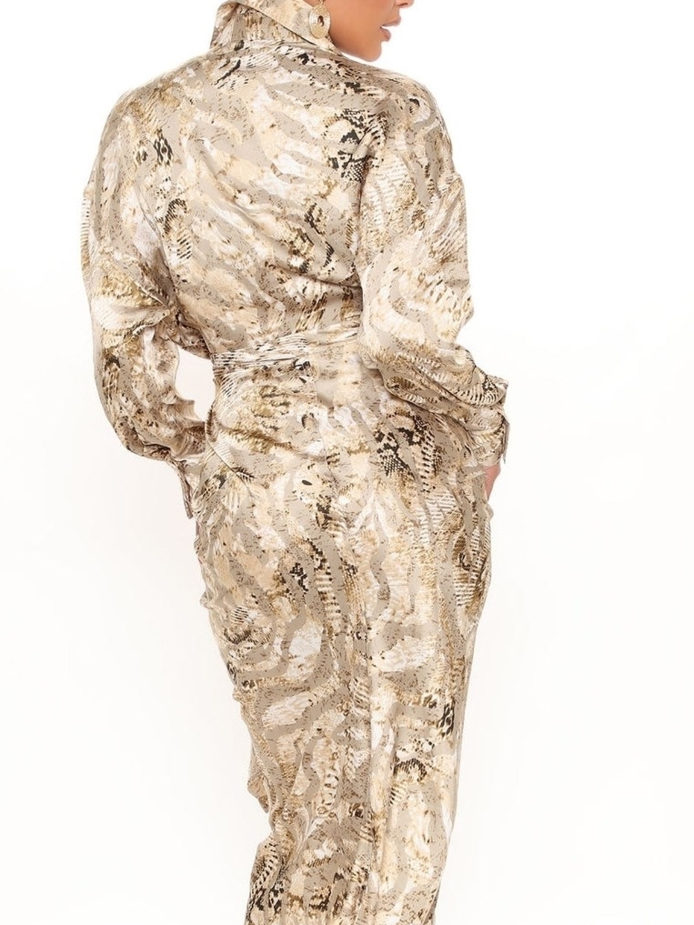 Fashion Nova Metallic Neutral Wrap Dress in Gold-Beige - Picture 5 of 8